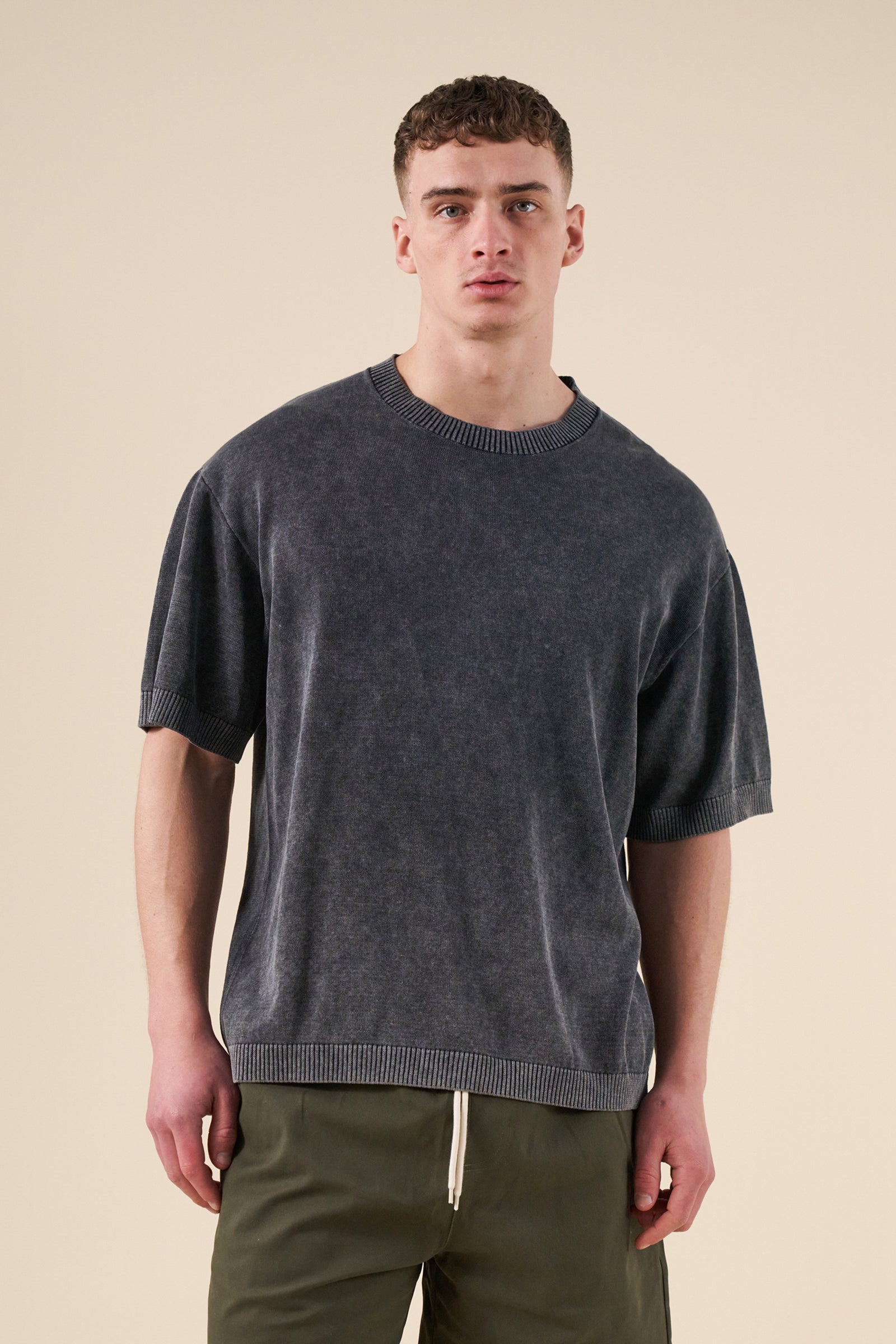 ACID WASH KNIT TEE - CHARCOAL