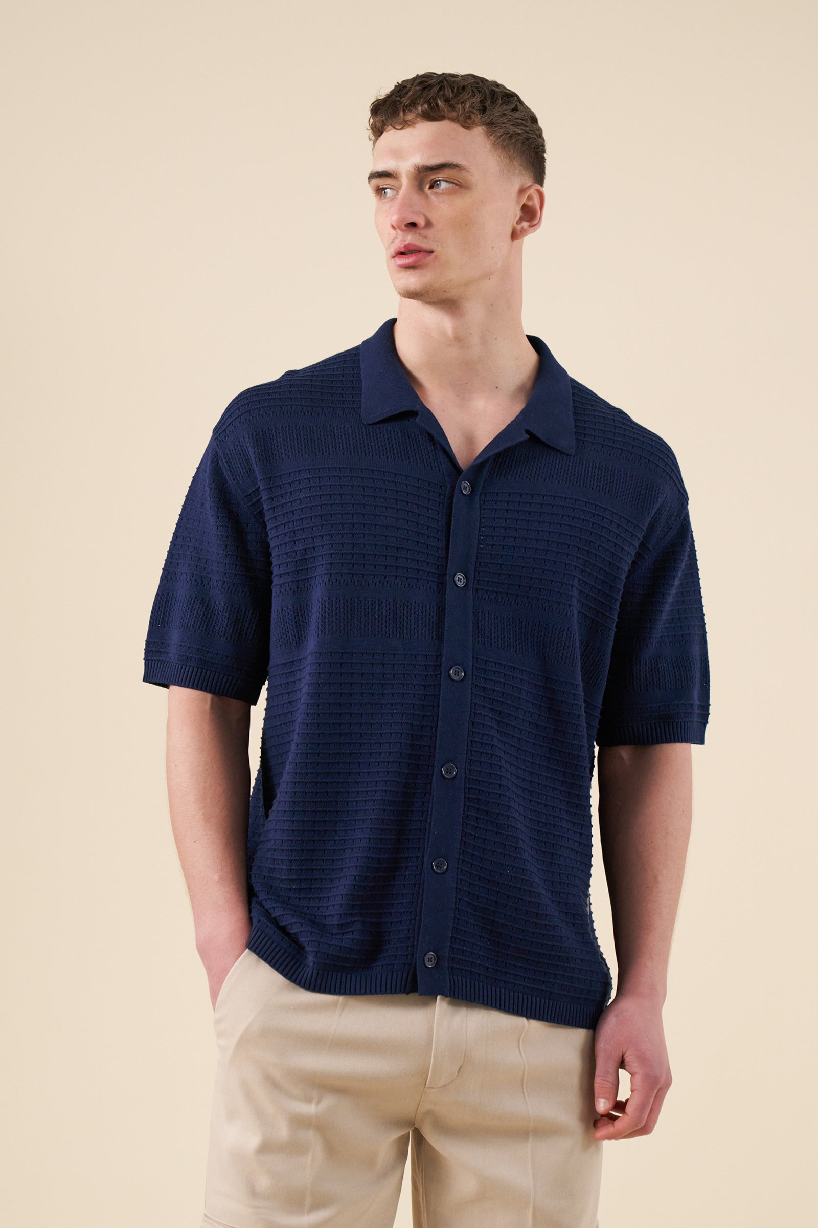 RUPERT CROCHET KNIT POLO - NAVY