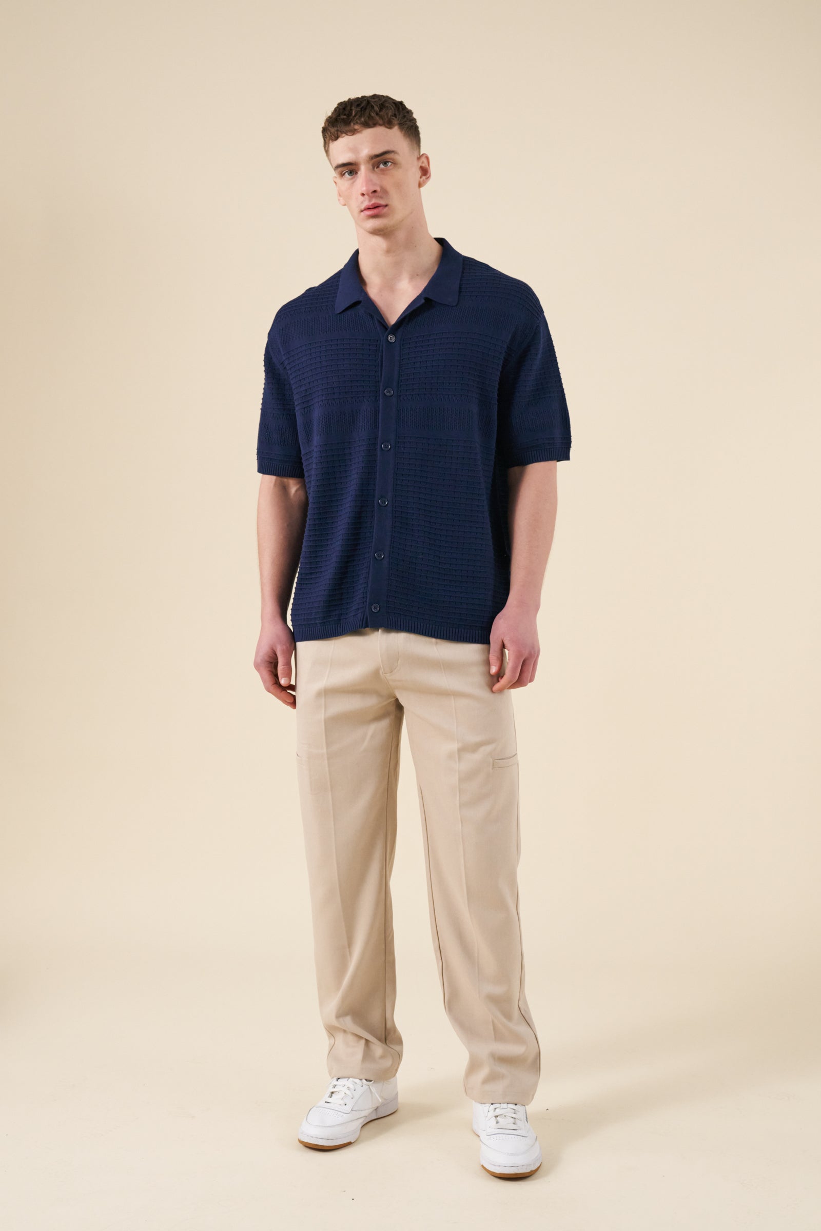 RUPERT CROCHET KNIT POLO - NAVY