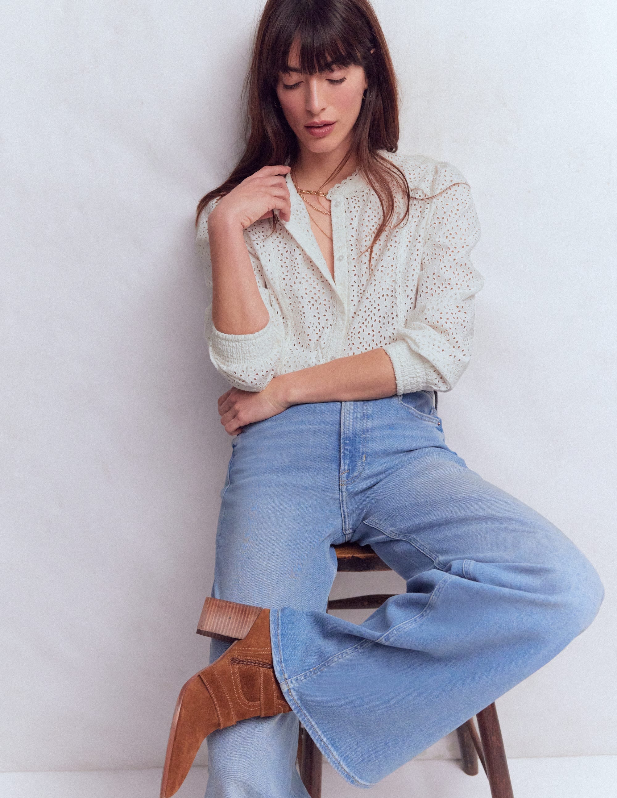 Rhea Trim Insert Broderie Top-White Floral Broderie