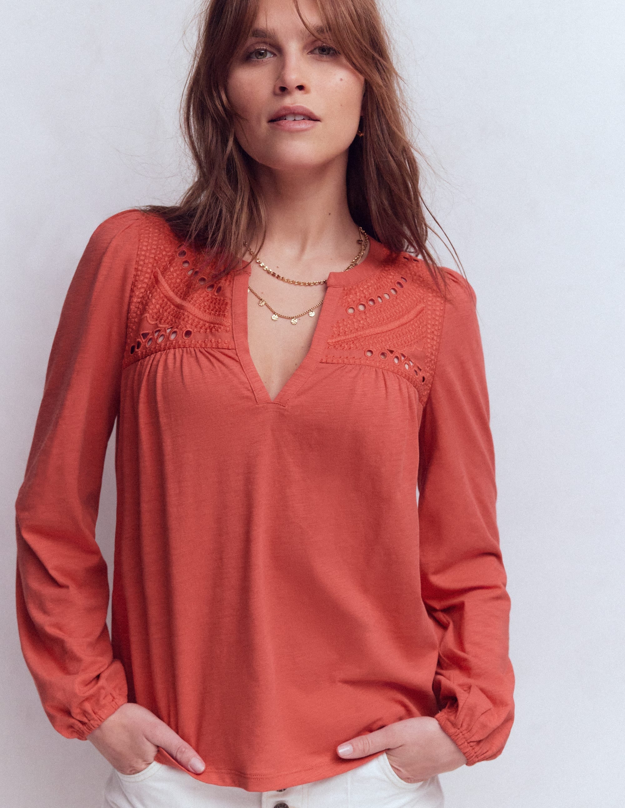 Woven-Mix Notch Neck Top-Baked Apple