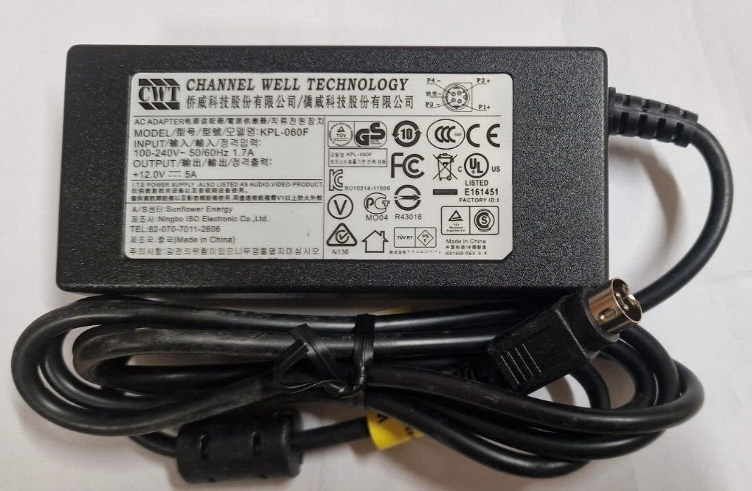 GENUINE CWT CHANNEL WELL TECHNOLOGY AC ADAPTER KPL-060F 12V 5A 4 PIN DIN
