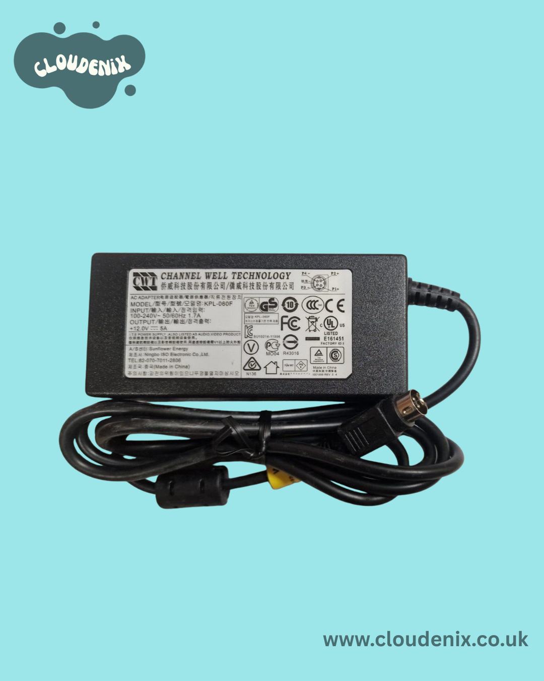 GENUINE CWT CHANNEL WELL TECHNOLOGY AC ADAPTER KPL-060F 12V 5A 4 PIN DIN